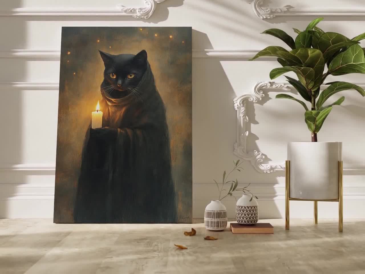 Black Cat Holding Candle – Gothic Halloween Wall Art for Witchy