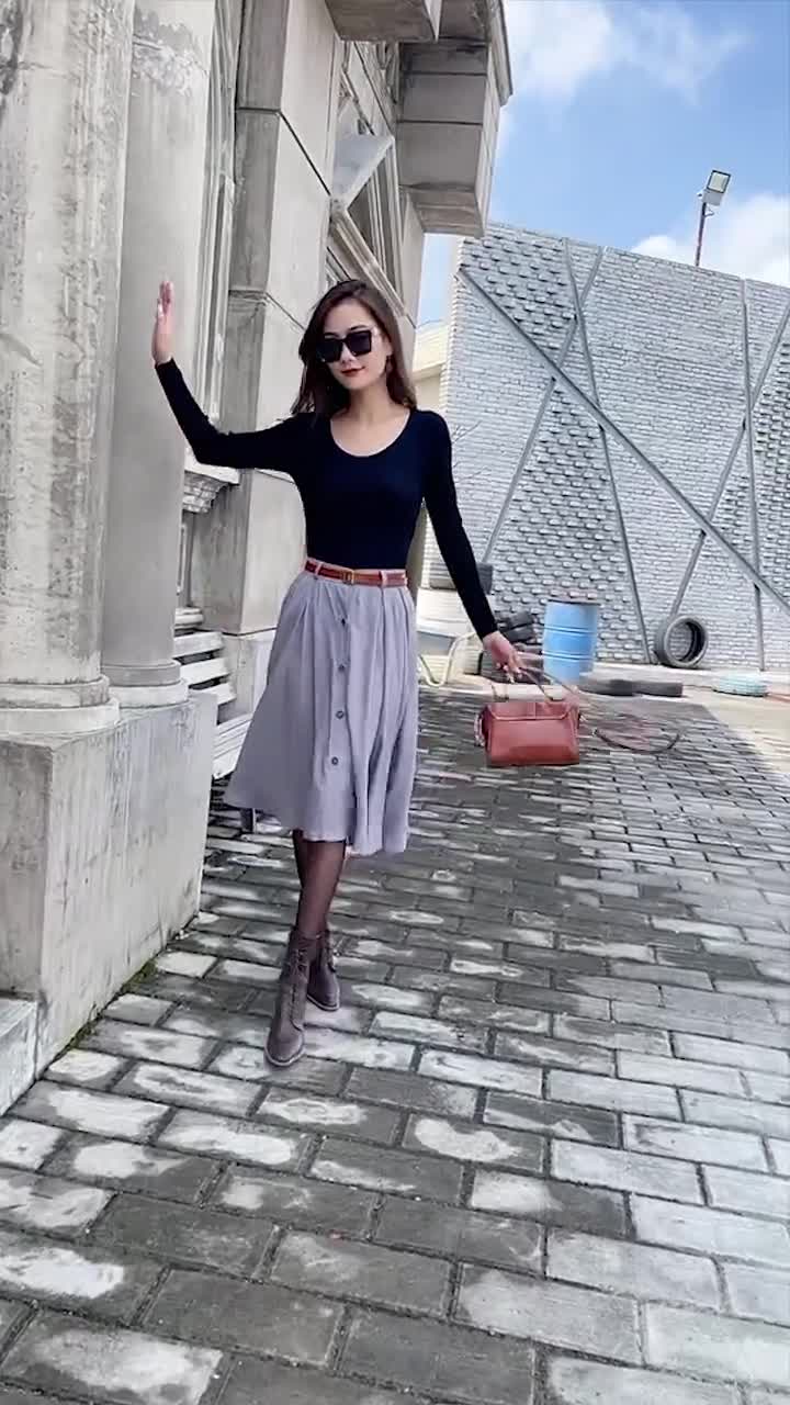 Grey Button Front Linen Skirt 3847