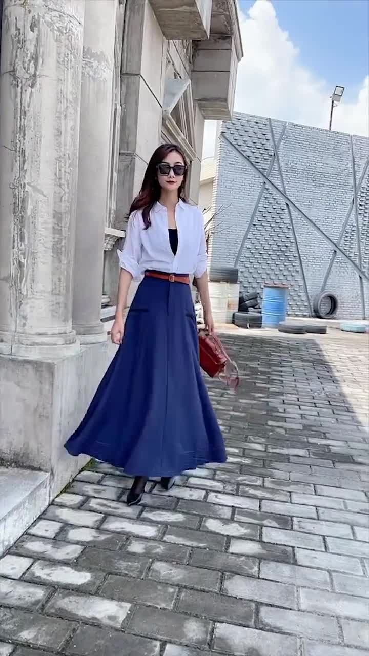 Long Swing Linen Maxi Skirt, A-Line Linen Skirt, Navy Blue with Pockets,  Custom Made Skirt, Full Skirt, Women Skirt 3852#