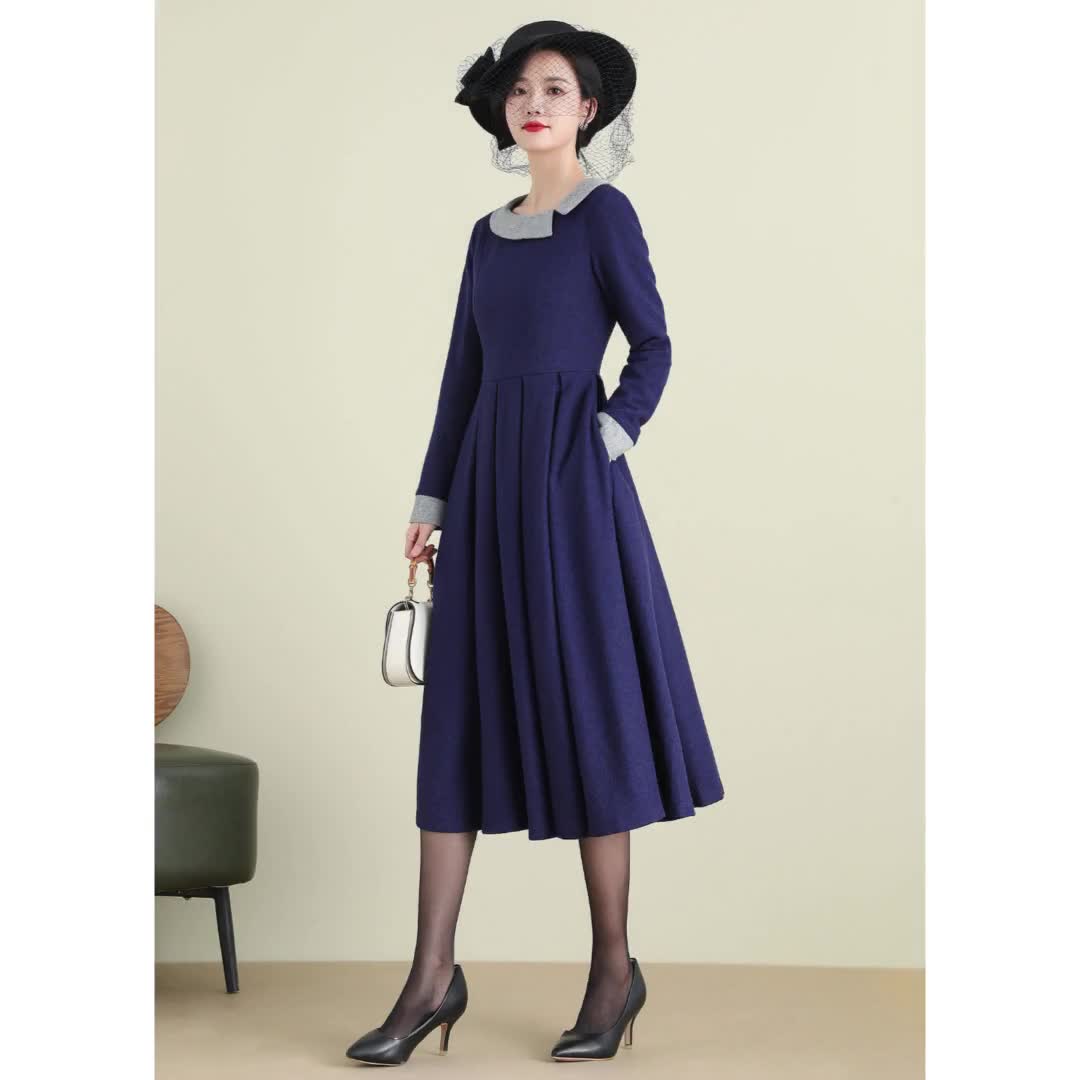 Womens Navy Blue Midi Wool Winter Dress, A-line Wool Dress