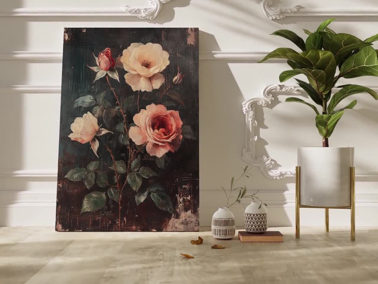 Vintage Rose Canvas Wall Art – Romantic Botanical Painting With