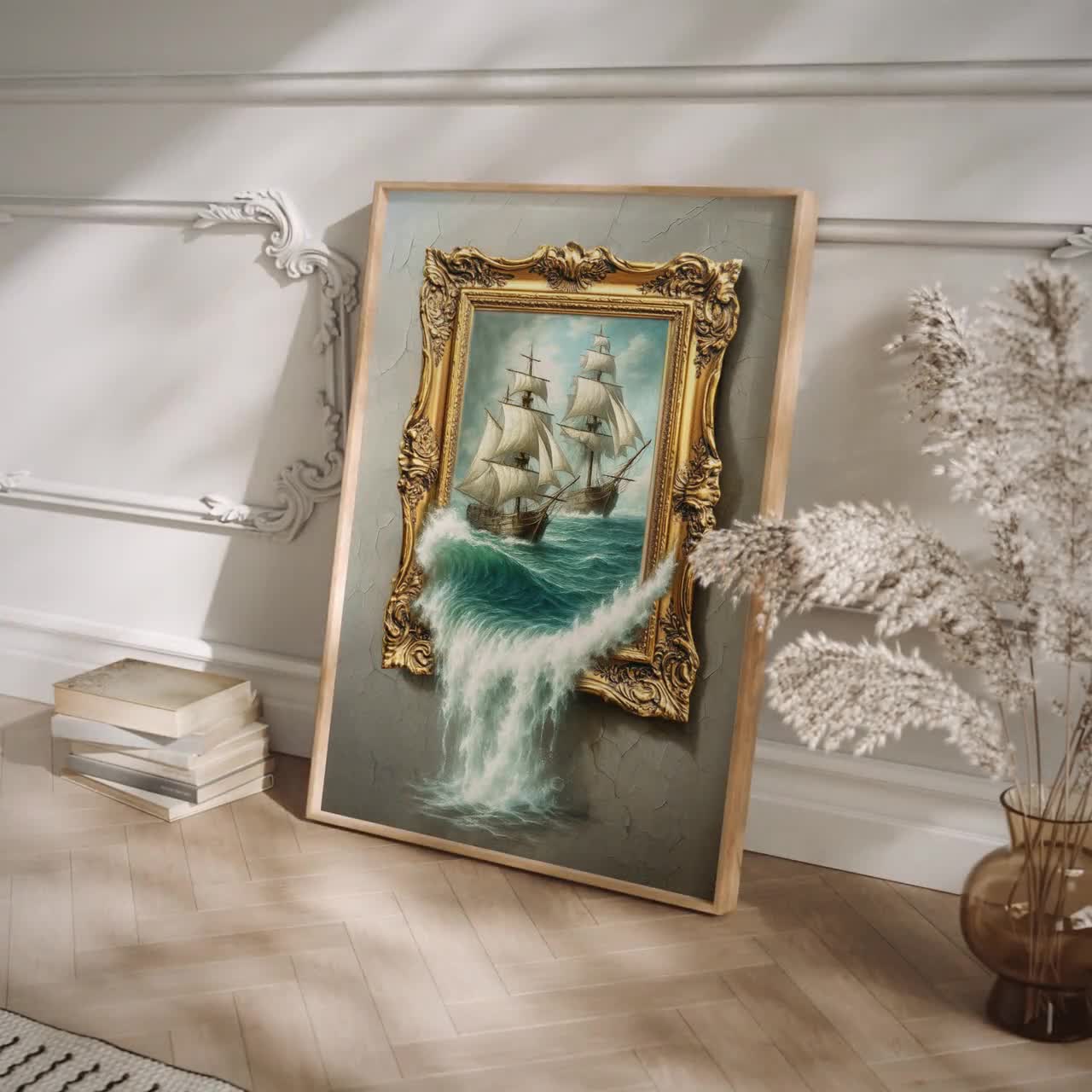シュールな海の船の絵画：3Dフレームの錯覚、航海の壁アート - Etsy 日本