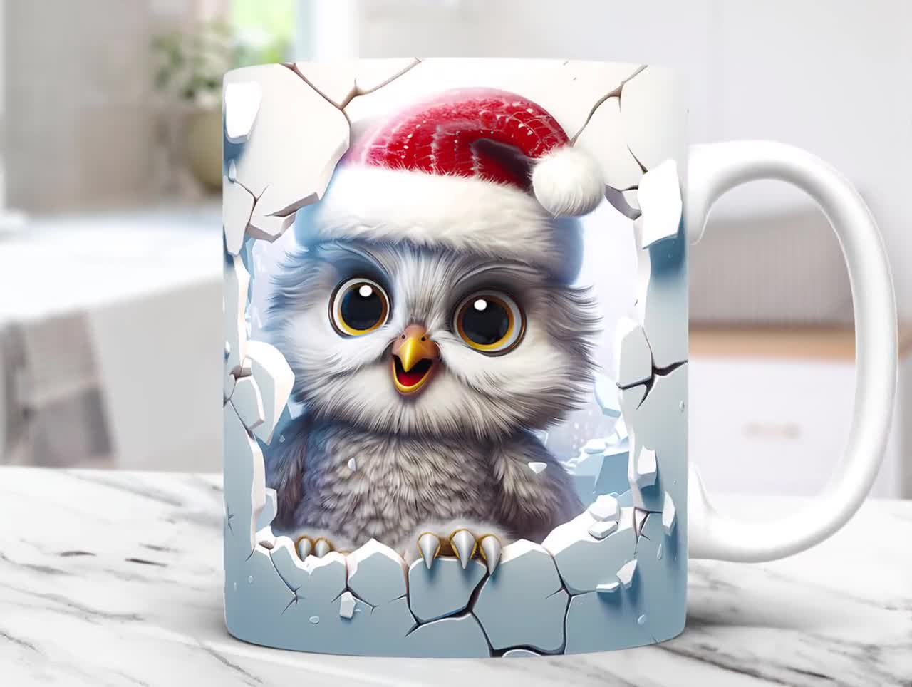 3Dベビーフクロウクリスマスマグラップ、3Dひび割れ穴フクロウマグ