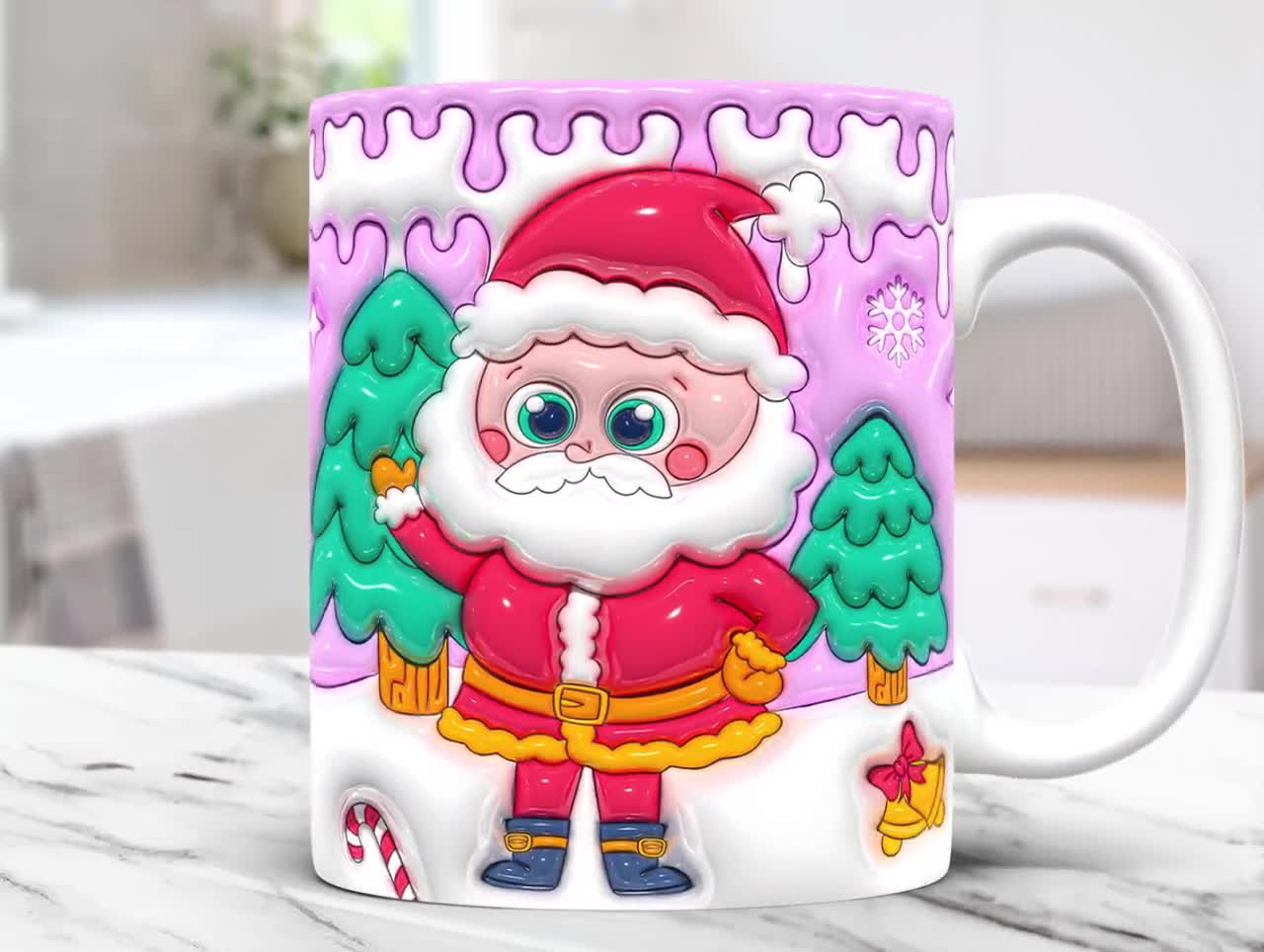 3D Christmas Mug Inflated Santa Mug, Christmas Puffy Mug Press Design 11oz  and 15oz