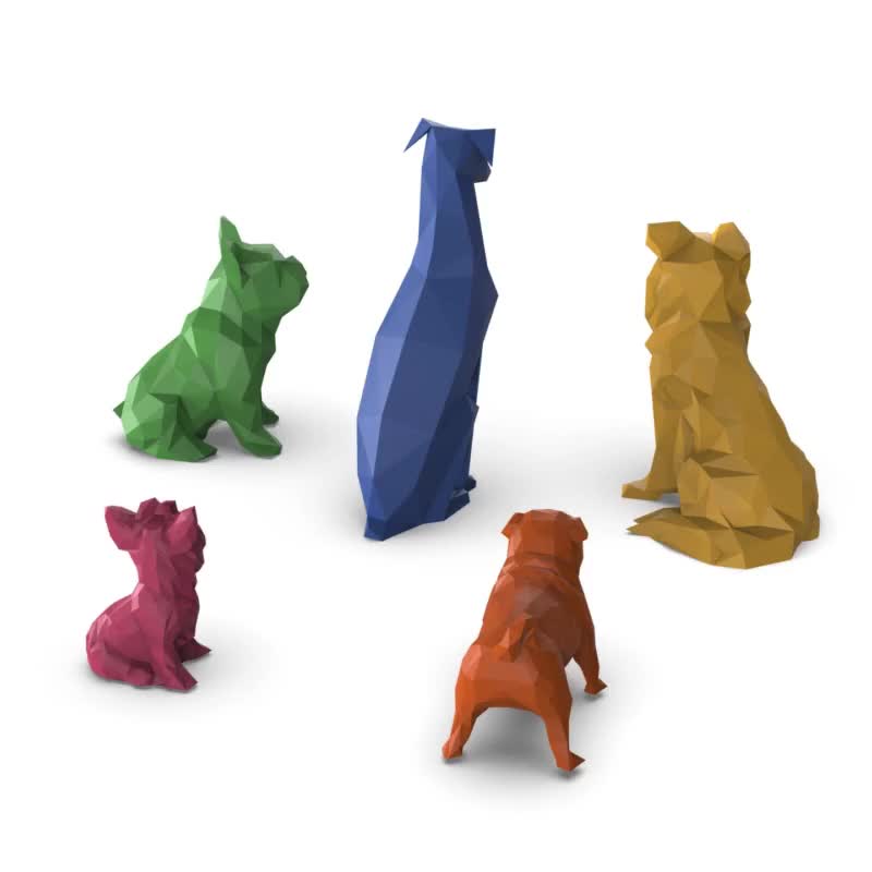 Conjunto de perros 3D de baja poligonalidad: bulldog francés, dóberman, collie, pug y yorkshire terrier. Decoración 3D para el hogar, listo para imprimir. Descarga digital 3D STL. video poster