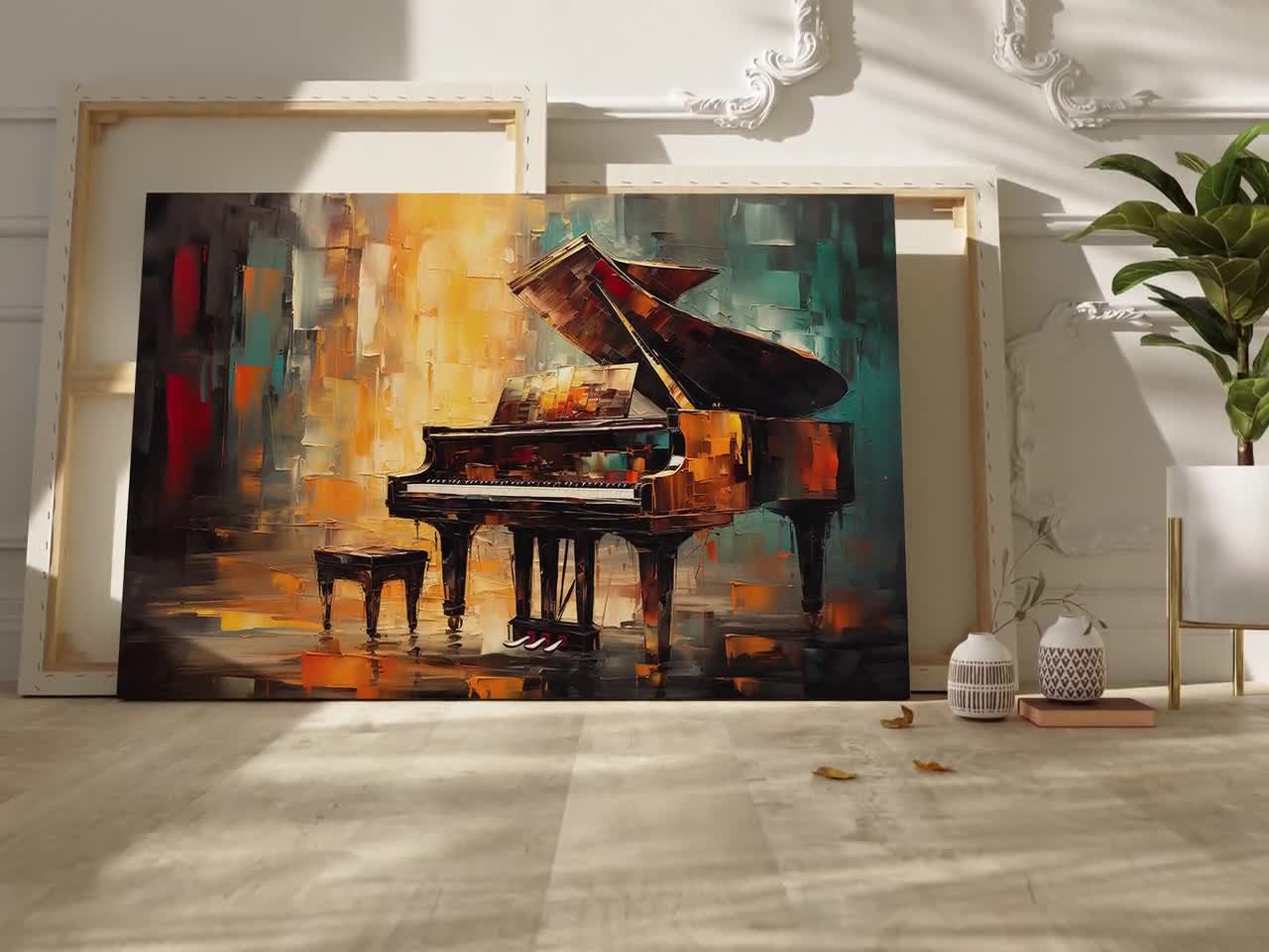 Tableau Déco 4 Panneaux Zlove – Motif Piano Coloré Vintage – Toile, Neuf Sous Emballage
