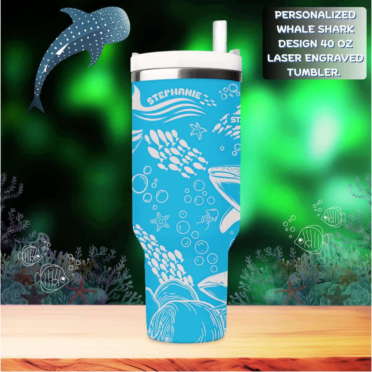 Personalized Whale Shark Stanley Tumbler 40oz: Engraved Ocean