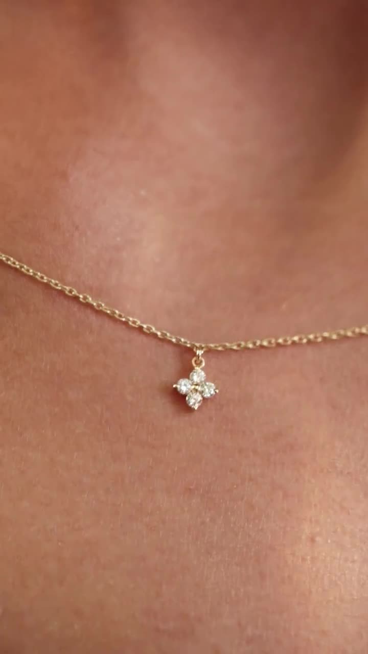 Women 18K Gold Plated Stainless Steel Clover Star CZ Station Necklace PE44