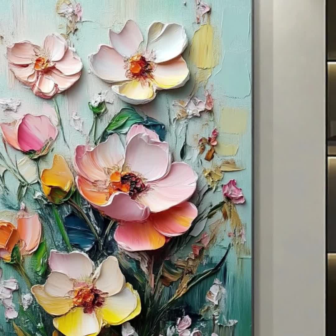 キャンバスに描かれたテクスチャードフラワーの油絵、鮮やかな色彩の花