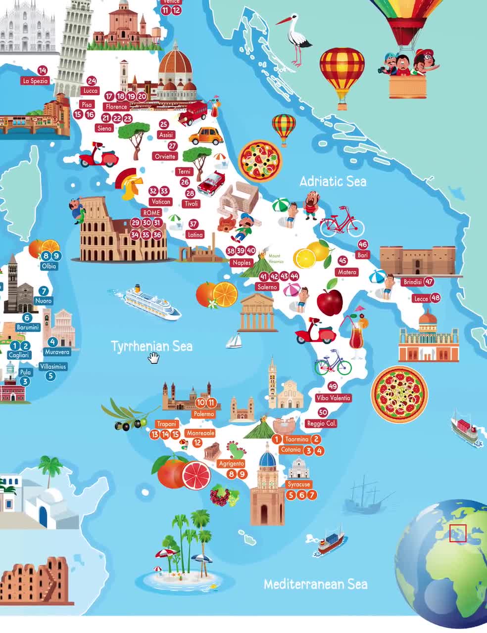 Italy Cartoon Map Print: 75 Landmarks, Travel Wall Art (digital