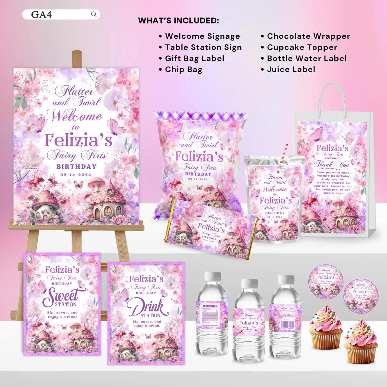 Pixie Fairy Birthday Party Bundle Magical Whimsical Enchanted Bundle  Package Decorations Printable Set Floral Fairy Party Favors Bundle GA4, image size:1280x1280