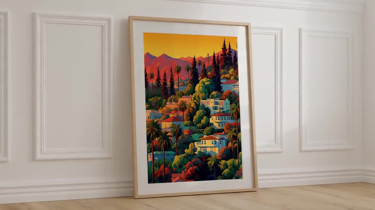 Hiroshi Nagai Sunset in Orange County Print, Vintage Orange County Artwork,  Nagai California Sunset, Retrowave Tropical Scenes Wall Decor