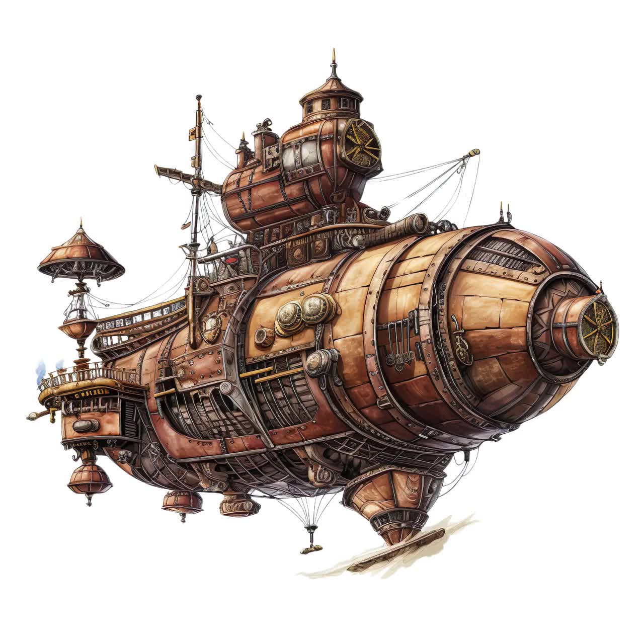水彩スチームパンク飛行船クリップアート：ヴィンテージ飛行船 PNG