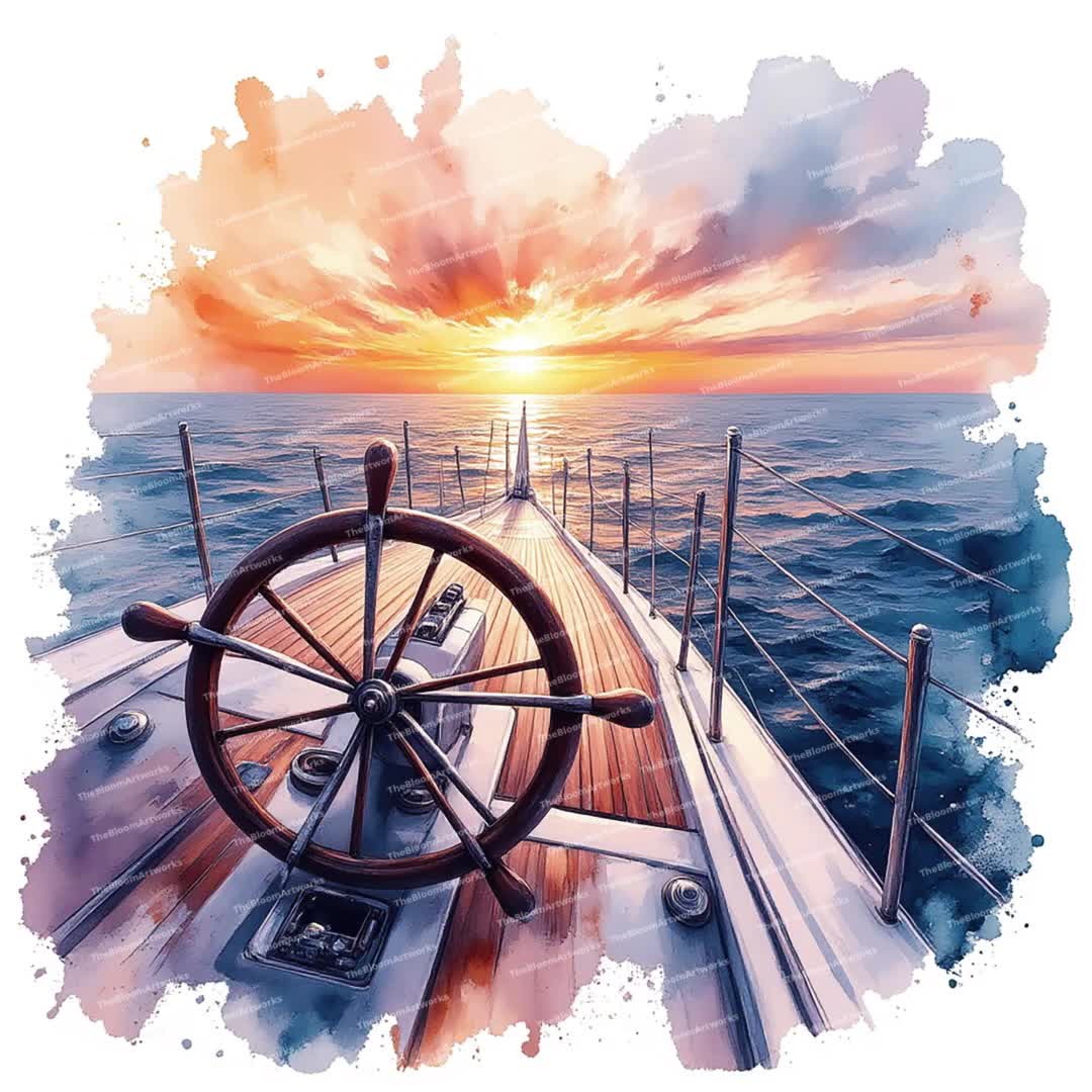 14枚の水彩ヨットのクリップアート、夕焼けのヨットのイラスト、航海