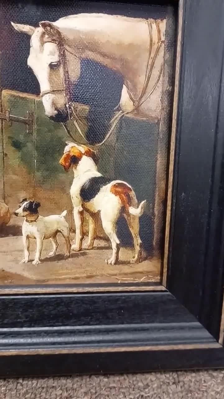 アンティークの犬の油彩画 ＊油絵 アンティークスタイル 犬の絵画（油絵） 鳥の木枠 [NW0007