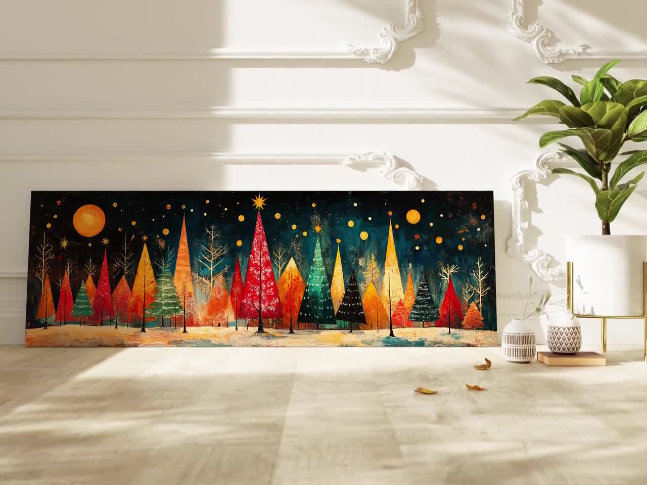 レトロ ミッドセンチュリー クリスマスセール売り切り価格 ミッドセンチュリーモダンのクリスマスツリーのアートプリント：額装