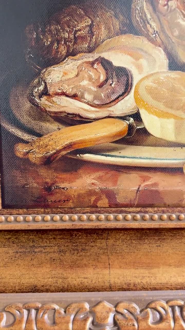 牡蠣とレモンの額入りキャンバスプリント：アンティーク調の静物画