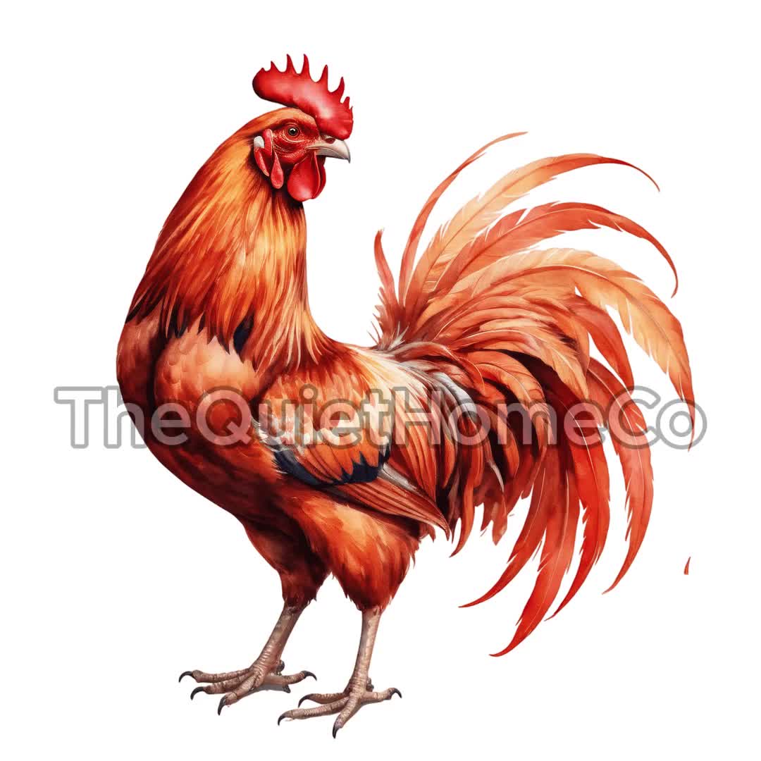 17 Watercolor Red and Orange Rooster & Feathers Clipart | Set #421