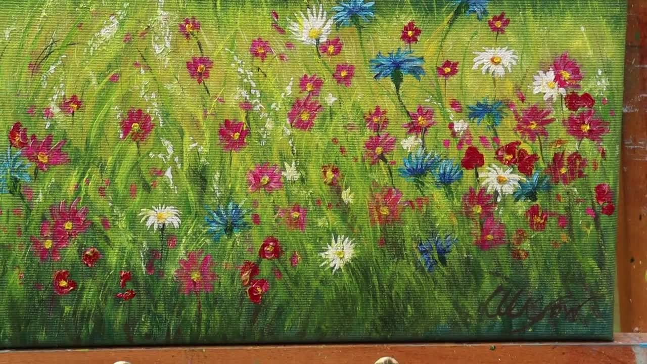 夏の野花の草原の風景 オリジナル油絵 田園風景 16x12 キャンバス