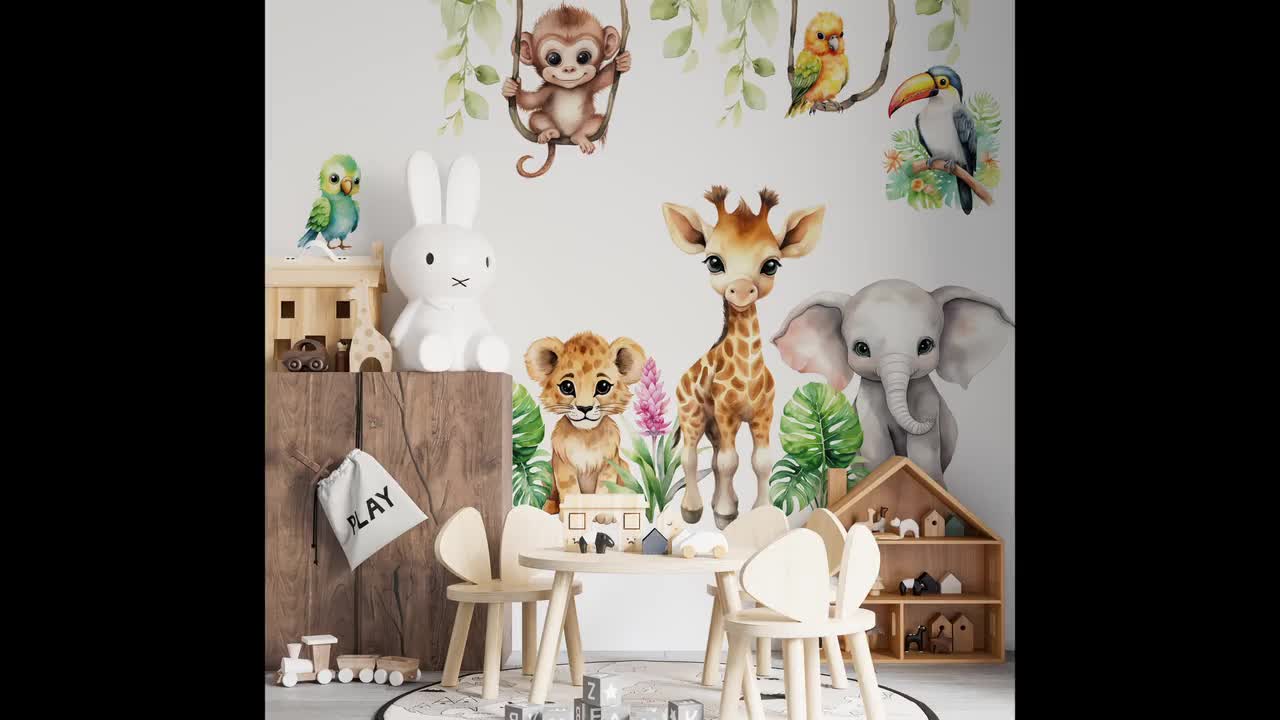 Supzone Jungle Animals Tree Wall Decals Safari Elephant Giraffe Lion Zebra Wall