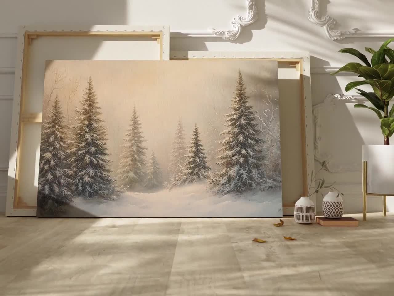 冬の雪景色の松林のキャンバスウォールアート | 霧のかかった木々と