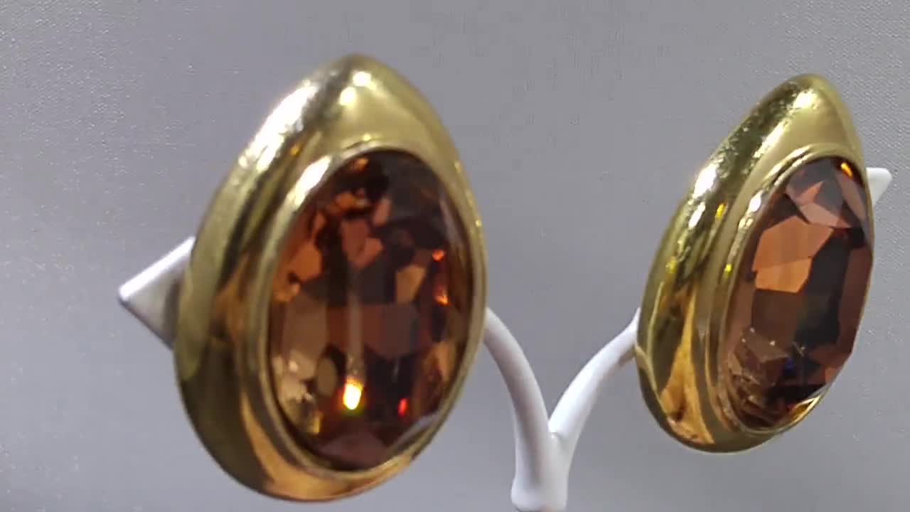 Ciner Large Topaz Rhinestone Earrings, Gold Plated, 1980s