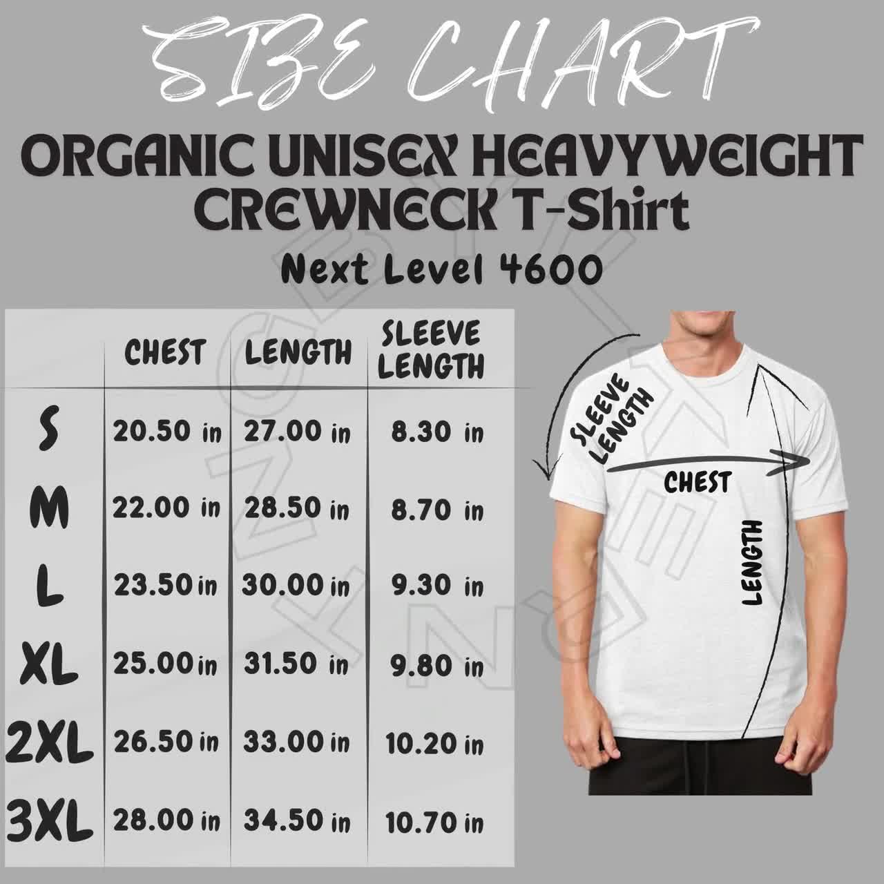 Next Level 4600 Size Chart | Size Chart for Organic Unisex