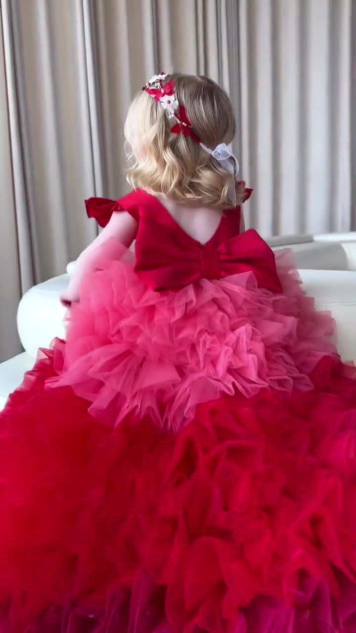 Red Birthday Party Low High Dress for Girls, Gorgeous Gown With