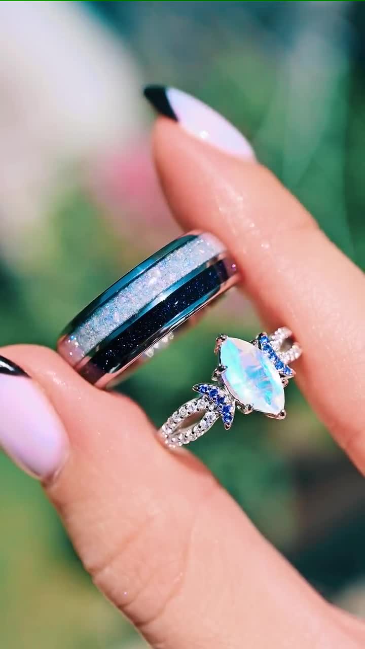 Lunara Moonstone Ring Set, His and Her Wedding Ring, Unique
