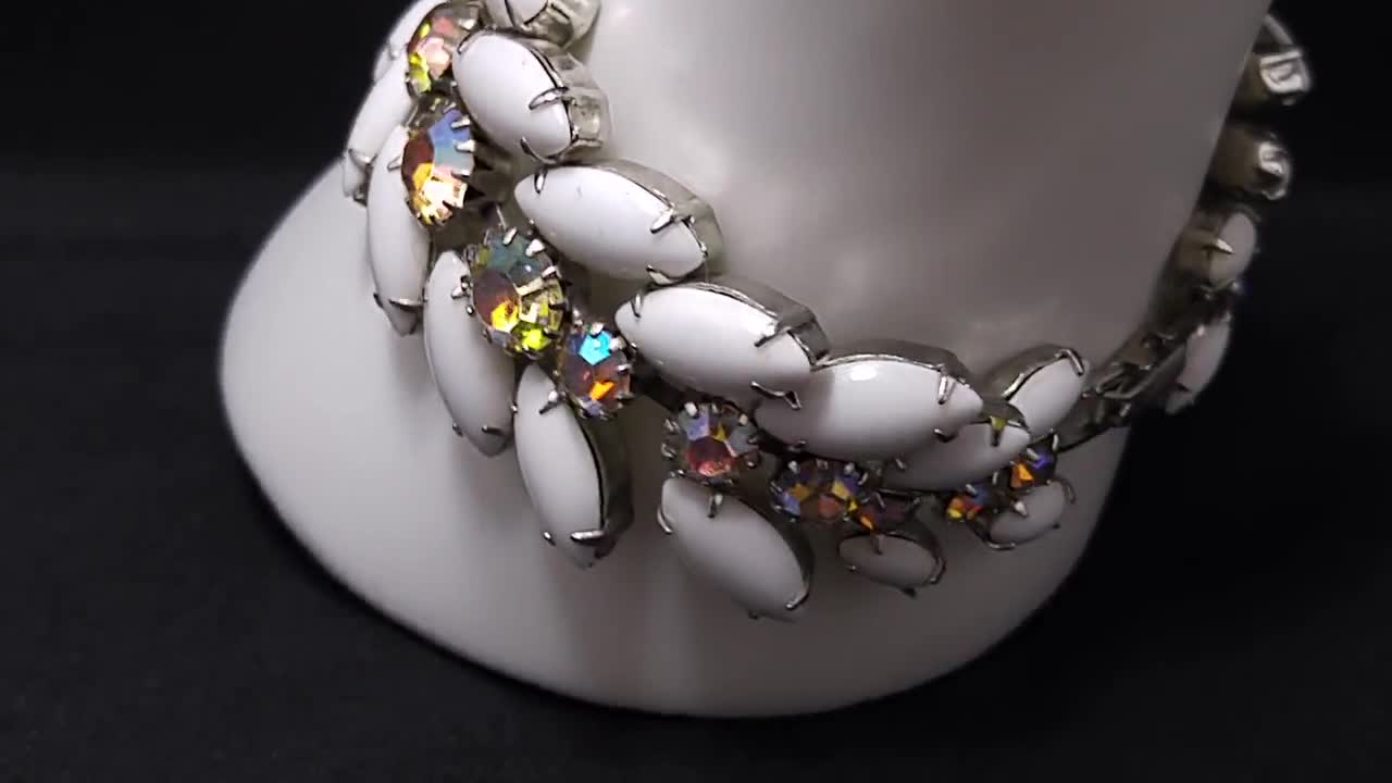 Signed Weiss Bracelet, White Milk popular Glass Cabochons, Aurora Borealis Rhinestones, Floral Design