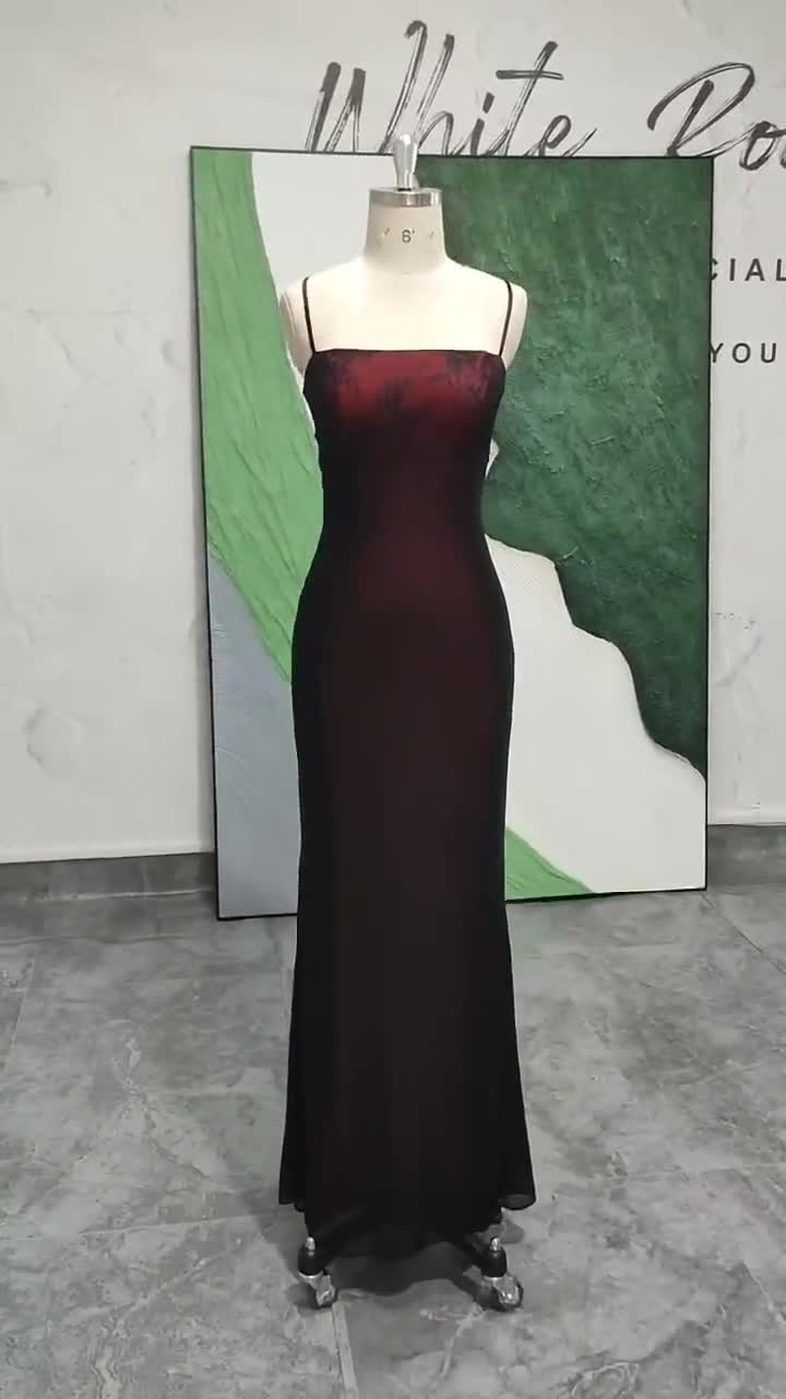 Square Neckline Black and Red Vintage Prom Dress,90'S Mesh Party Dress