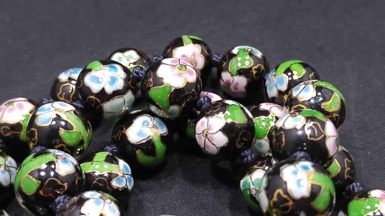 Vintage Black Cloisonné Floral Beaded Necklace, Pink Green