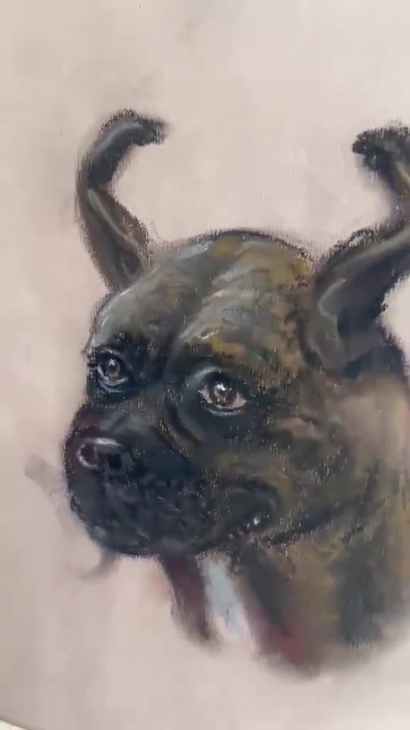 犬のパステル画 木製フレーム付き ボクサー犬のオリジナルヴィンテージ額入りパステル画 12.8インチ×17.5