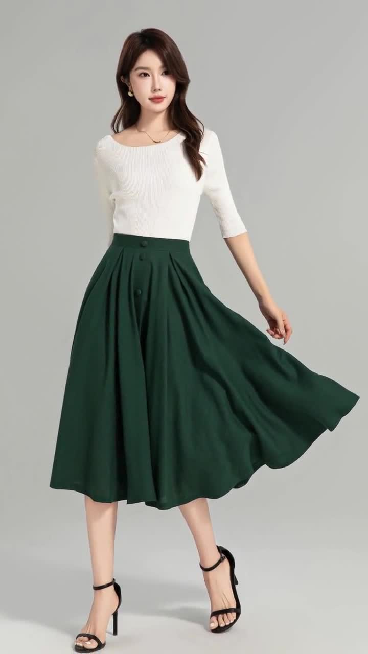 Linen Skirt, Green Swing Skirt, Midi Linen Skirt Women, Button