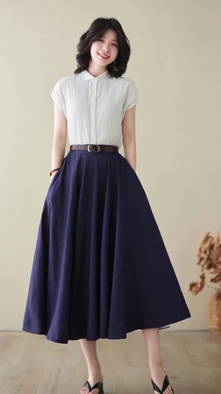 A line navy blue swing midi linen skirt 4971 A line navy blue swing midi linen skirt 4971