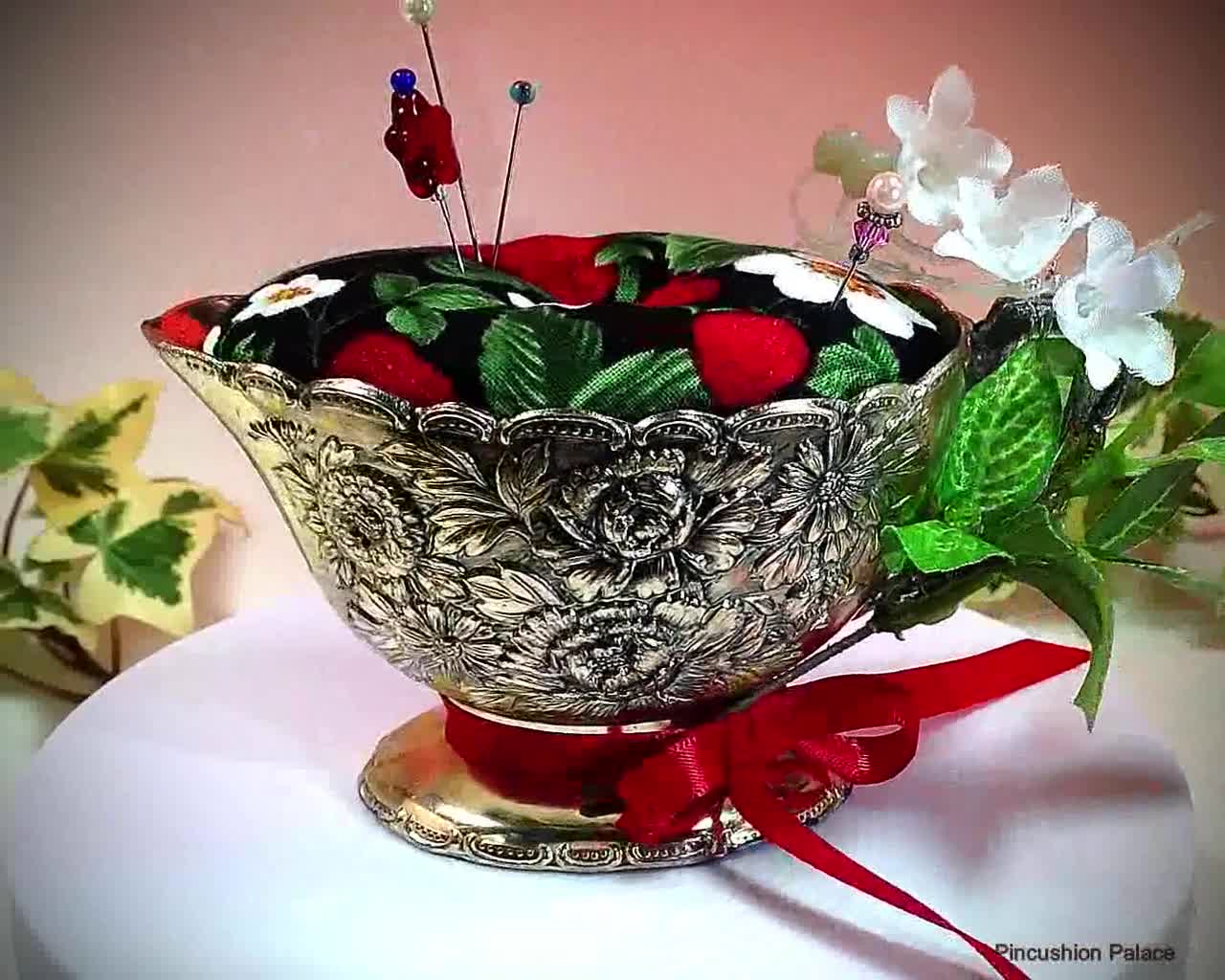 Pincushion STRAWBERRIES & CREAM Silver Plated Creamer Ornate