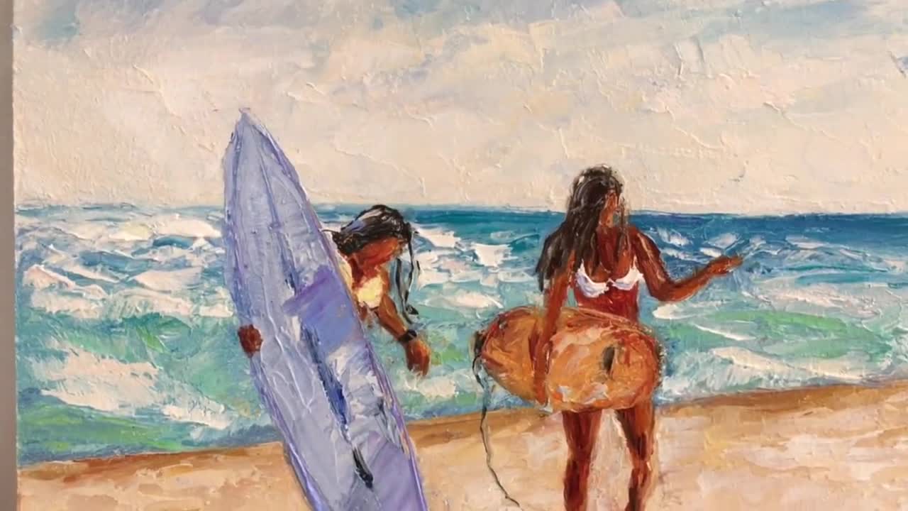 Orders Surfing - Woman surfing - Sea painting, Beach, Ocean, Pouring technique - Print on canvas - Rolled up in a tube - Free shipping