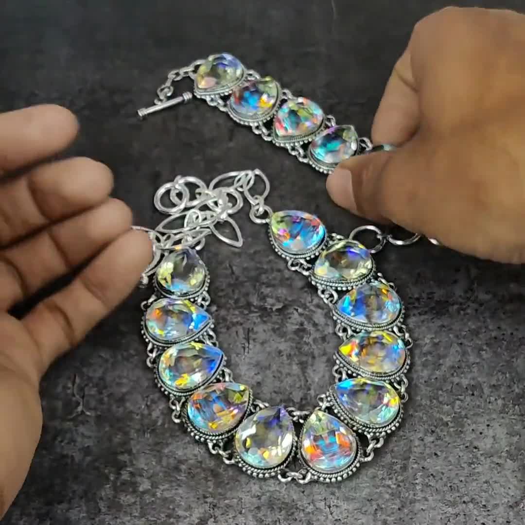 Arcobaleno Topazio Mistico Artigianale 925 Argento Sterling Bracciale