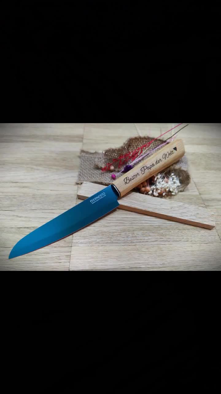 Messer gelb Kchenmesser Kochmesser Griff aus Bambus mit individueller  Gravur 20 cm Klinge Geschenk