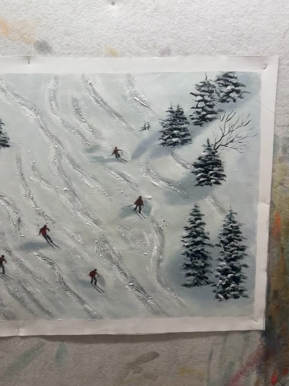 Textured Skiers Oil Painting on Canvas, Abstract Winter Landscape Art video poster
