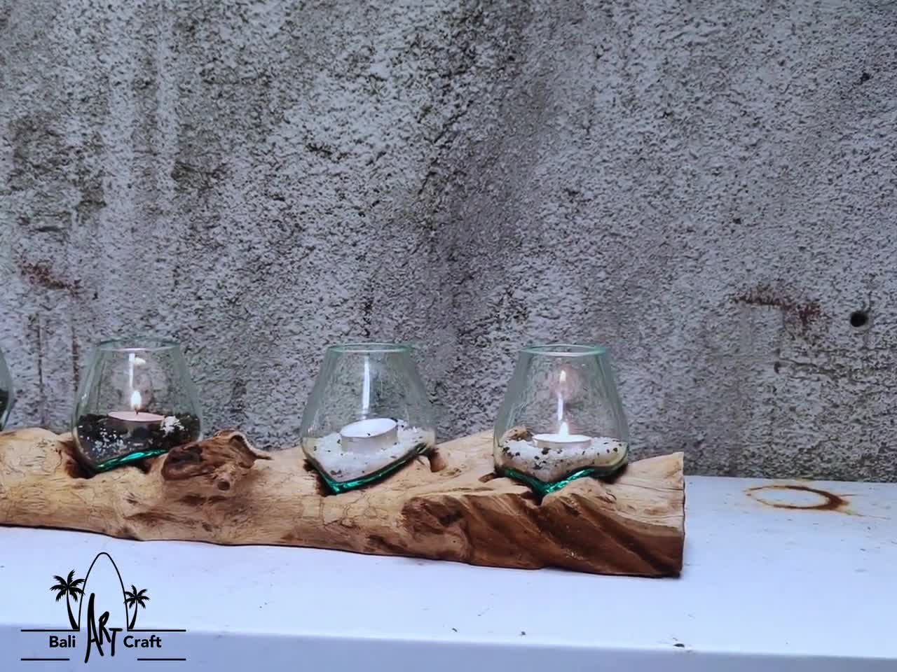 Rustic Teak Root And Molten Glass Candle Holder, Triple Tealight