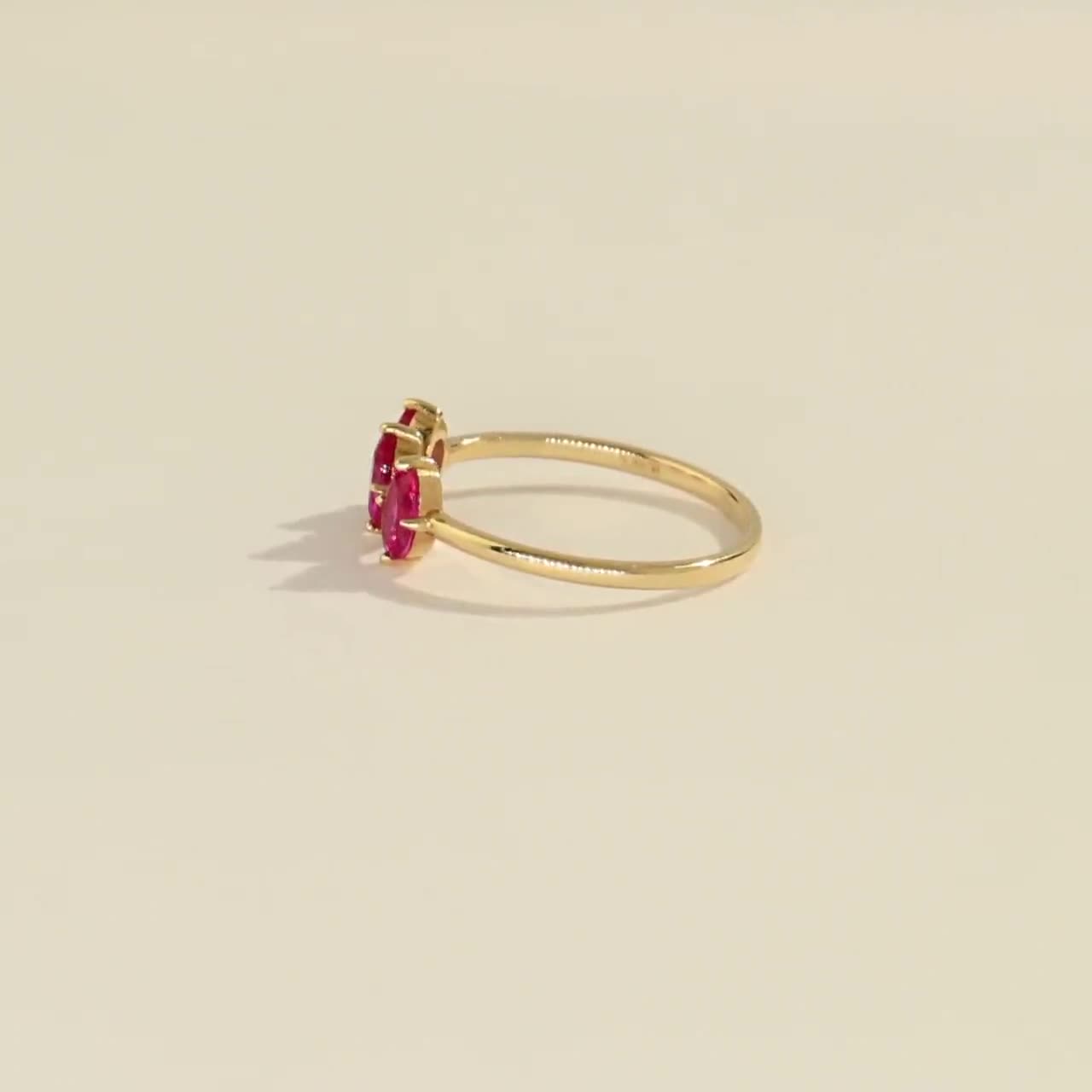 3 Stone Ruby Ring in 14k Solid Gold | Trio Oval Ruby Engagement Ring |  Prong Set Pink Gemstone Ring | Dainty Statement Ring Women Real Gold