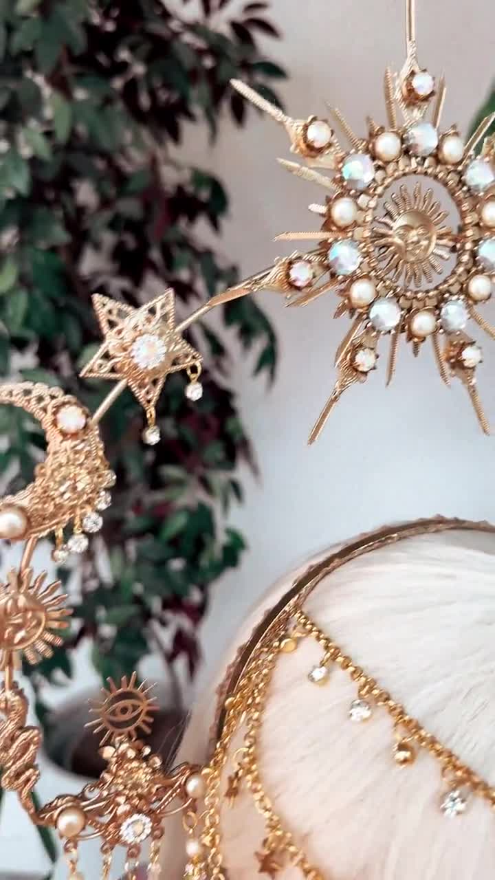 Gold sun crown, Moon crown, Halo Headpiece, Bridal Jewellery, Wedding hair  accessories, Bridal headpiece, Wedding crown, Fairy crown