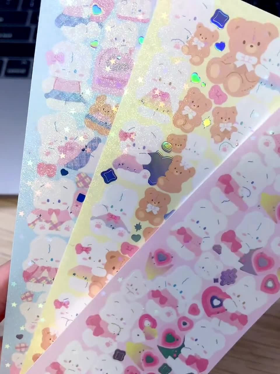 Kawaii Kpop Polco Holographic Bear Rabbit Cute Sticker Sheet stary Kids  Heart Toploader Deco Korean Sparkling Journing Mini Stickers Pack 