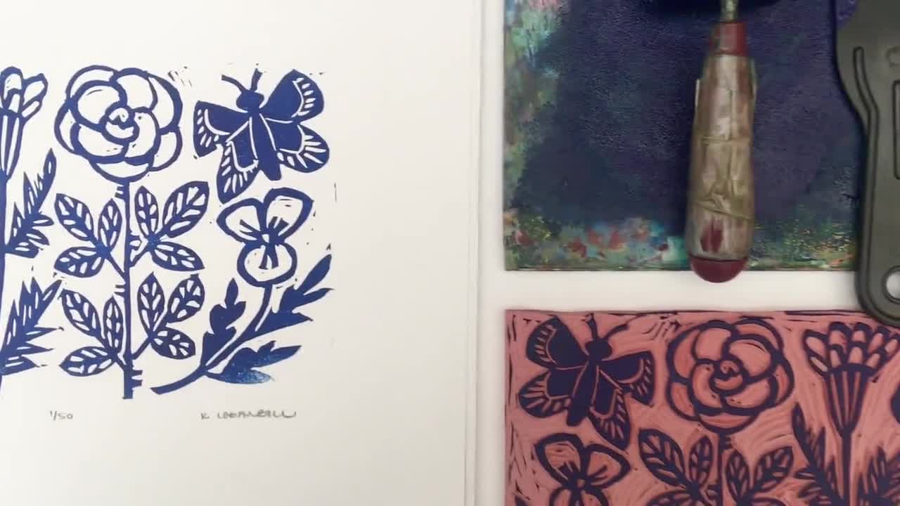 Block Print Art, Garden Girl Flowers