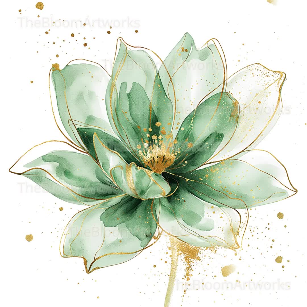 水彩画風の花のクリップアート12点、グリーンゴールドの花、花の