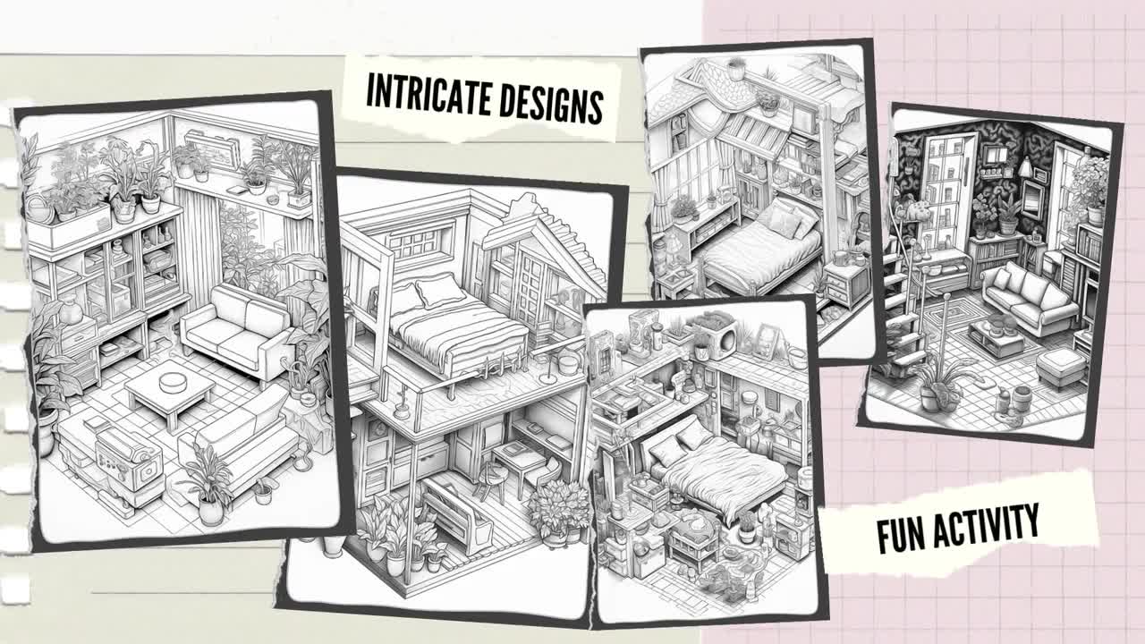 Pocket Room Coloring Pages Isometric Interior Cute Coloring Pages Adult  Coloring Book PDF Printable Instant Download Grayscale Relaxing Book 