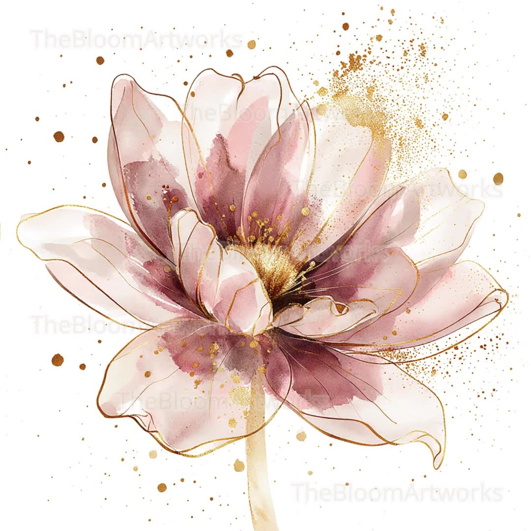水彩画の花のクリップアート12点、ピンクゴールドの花、花のイラスト