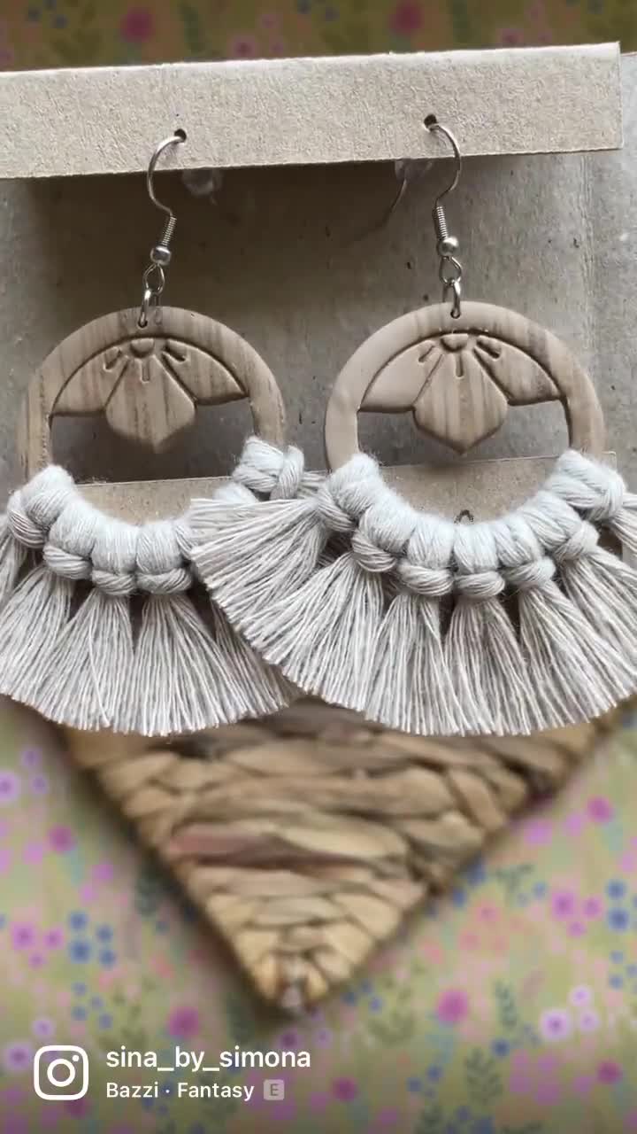 Handmade Macrame Earrings for Women and Girls, Wooden Circle Punch Shape,  Boho Chic Jewelry, Made with