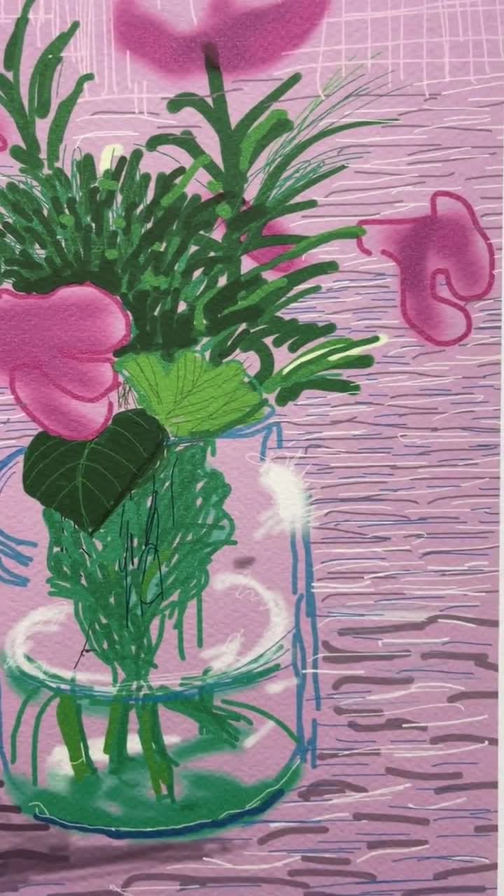 デイヴィッド・ロイド・グローバー 花で潤うパティオ　作品証明書付き デイヴィッド・ホックニー - ピンクの花 - 署名入り、エディション番号